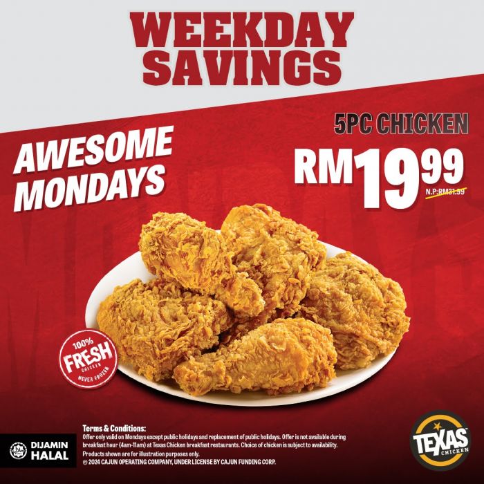 Texas Chicken Monday Promotion: Enjoy 5pc Chicken for RM19.99